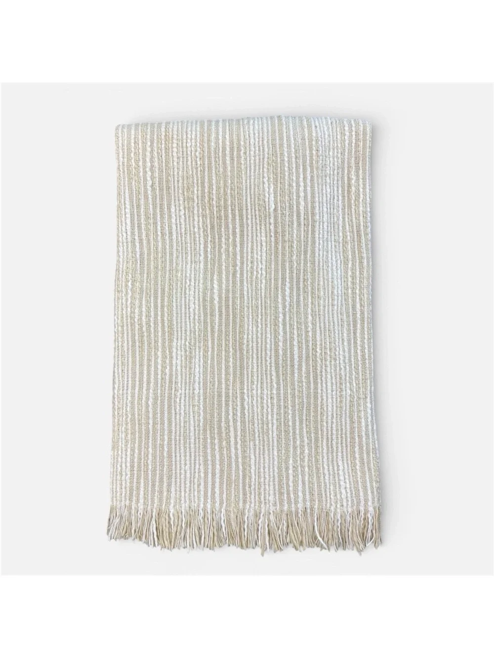 Crate & Barrel Fringe Throw Blanket Natural Striped Cotton 40” X 70” “Korman”
